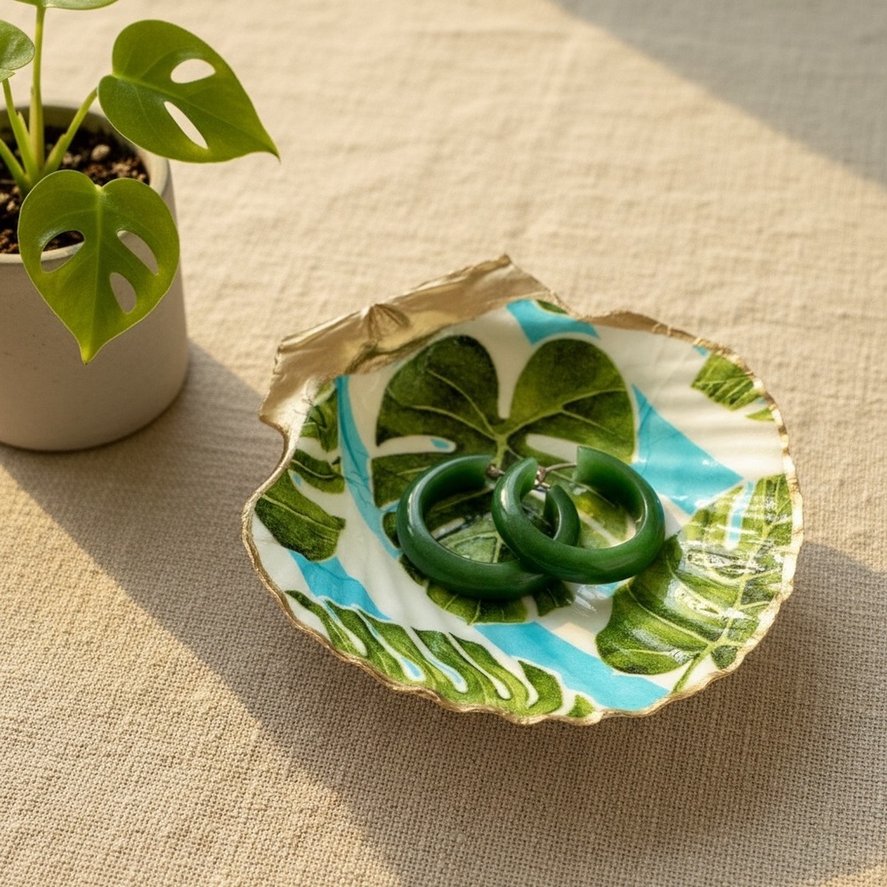 Tropical Monstera Seashell Trinket Jewelry Dish